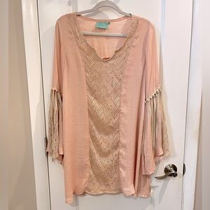 Judith March Boho Trumpet Sleeve Suede Fringe Tunic Dress W/Lace Inserts Sz M